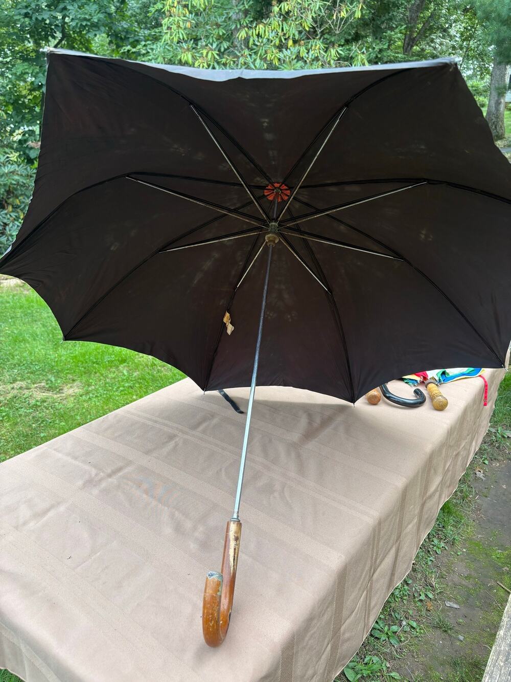 Vintage HICKOK Automatic Umbrella Wood Crook Handle Spring Opening RN 22605